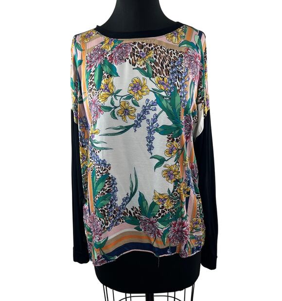 Hale Bob Tops - HALE BOB Black Multi Top Floral Round Neck Drop Shoulder Pullover Size Large L